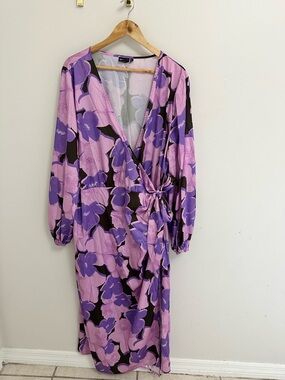 ASOS Curve Lavender & Purple Floral Wrap Midi Dress with Tie Waist